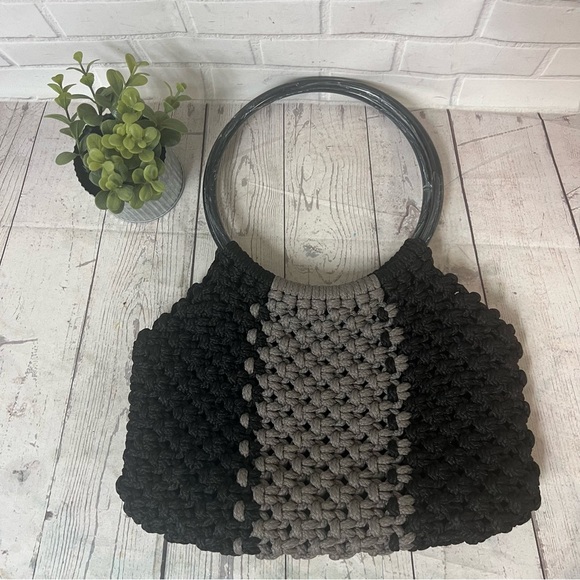 Handbags - Vintage Macrame Handbag Purse Black Gray Bag Handmade Boho Round Handles MCM